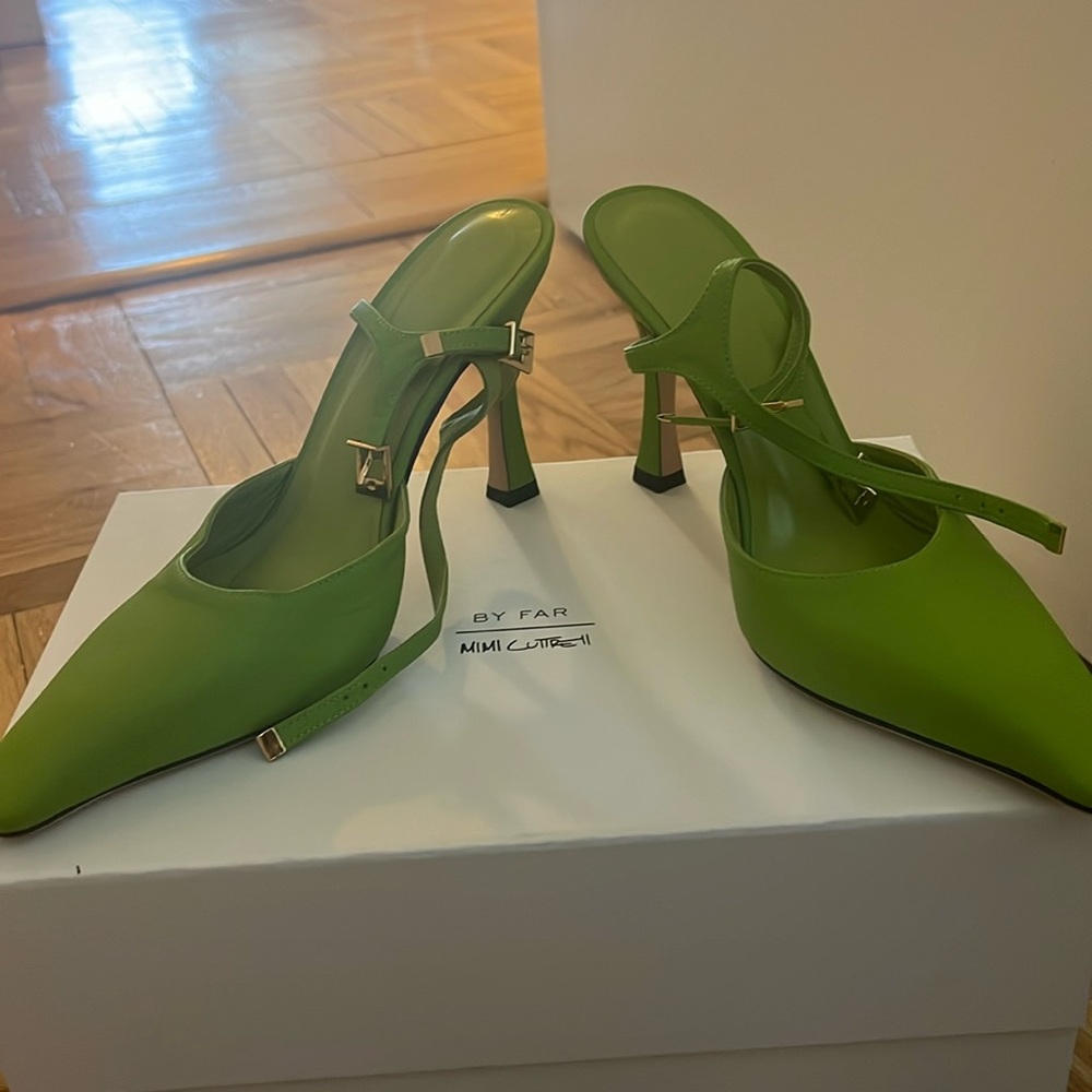 By Far green ankle strap pumps